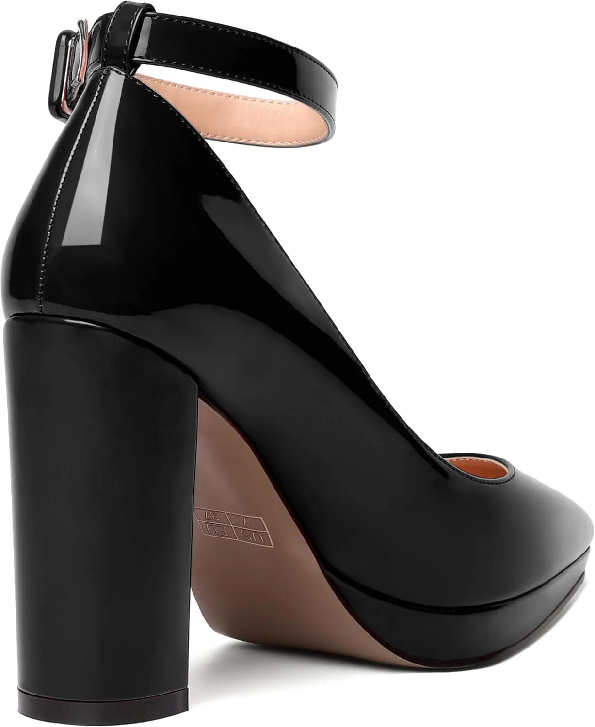 MERRORI Womens Platform Evening Dress Buckle Solid Patent Pointed Toe Ankle Strap Chunky High Heel Pumps Shoes 4 Inch