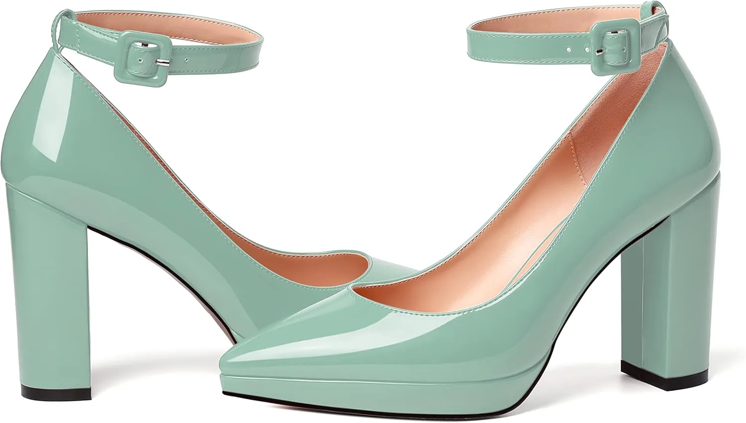 MERRORI Womens Platform Evening Dress Buckle Solid Patent Pointed Toe Ankle Strap Chunky High Heel Pumps Shoes 4 Inch