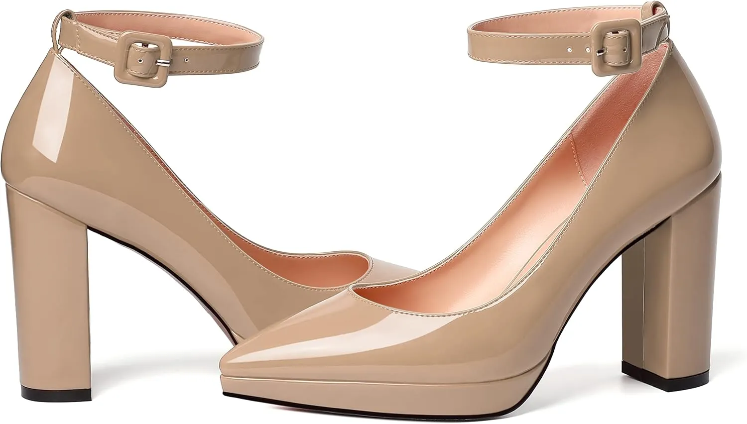 MERRORI Womens Platform Evening Dress Buckle Solid Patent Pointed Toe Ankle Strap Chunky High Heel Pumps Shoes 4 Inch