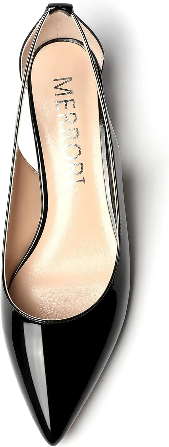 MERRORI Women's Pumps Kitten Low Heel Slip On Pointed Toe Dress Shoes Patent Leather Pumps Shoes 1.5 Inch