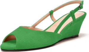 MERRORI Womens Suede Slingback Peep Toe Dating Cute Buckle Wedge Low Heel Wedges Sandals 2 Inch