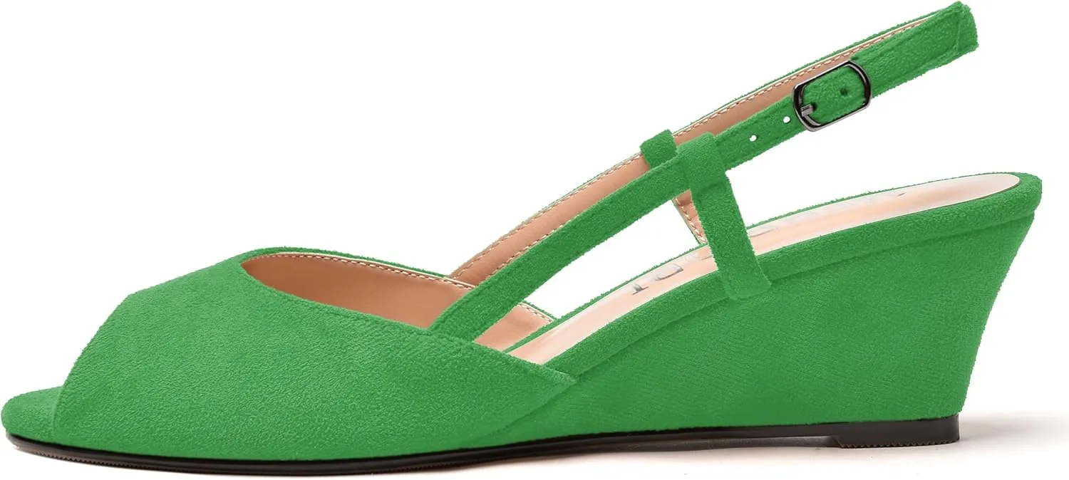 MERRORI Womens Suede Slingback Peep Toe Dating Cute Buckle Wedge Low Heel Wedges Sandals 2 Inch