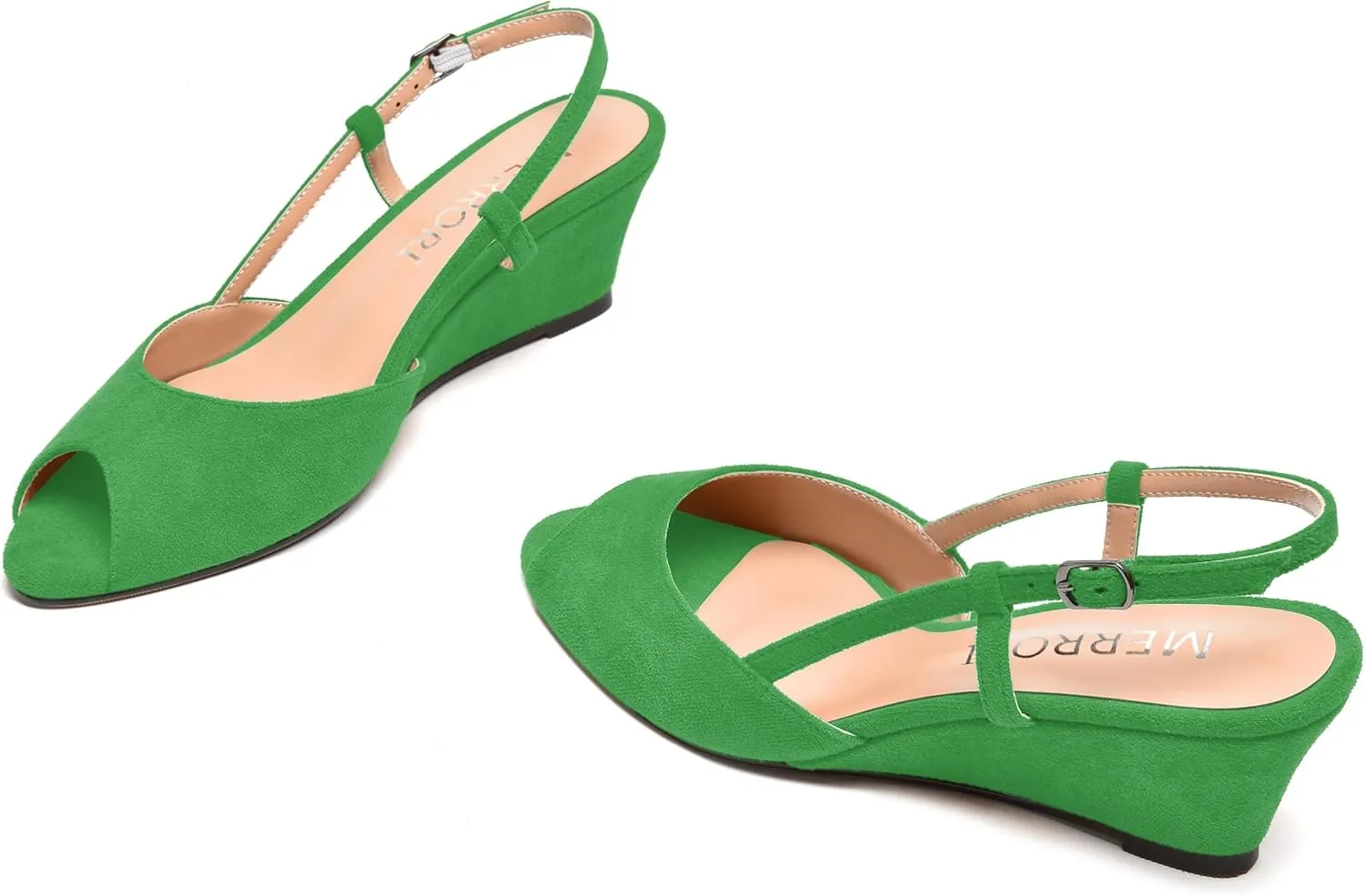 MERRORI Womens Suede Slingback Peep Toe Dating Cute Buckle Wedge Low Heel Wedges Sandals 2 Inch
