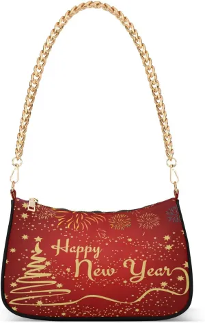 Merry Christmas Tree Happy New Year Shoulder Bag for Women Hobo Tote Handbag Gold Chain Crossbody Bag with Zipper Clutch Purse Handbags