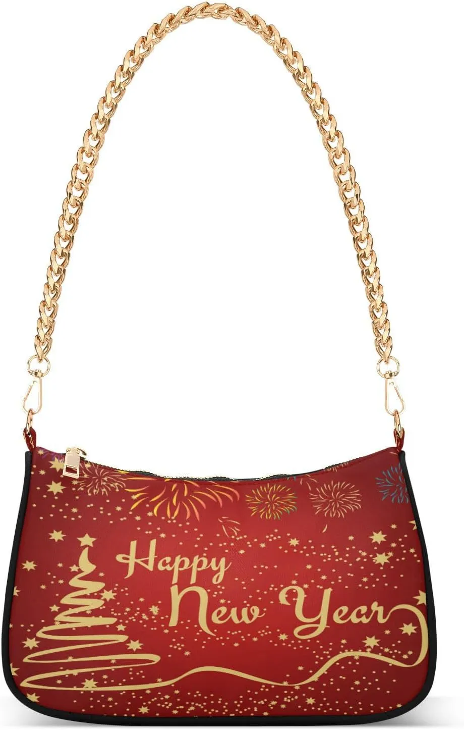 Merry Christmas Tree Happy New Year Shoulder Bag for Women Hobo Tote Handbag Gold Chain Crossbody Bag with Zipper Clutch Purse Handbags