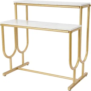 Metal Shoe Handbag Display Stand, 2 Tier Heavy Duty Display Table, Nesting Tables for Retail Display, Modern Standing Display Riser Shelf for Retail Stores, Carbon Steel & Solid Wood, Gold