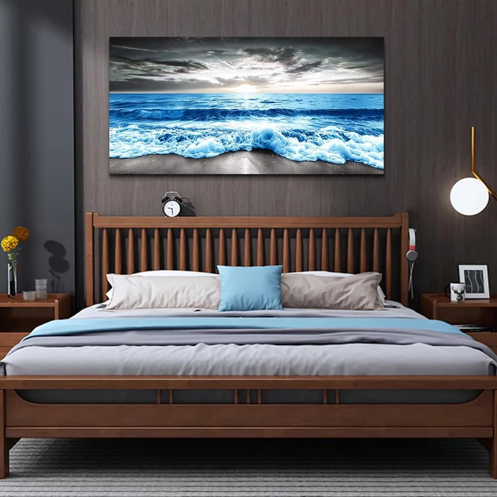 MHARTK66 Large Wall Decor For Office Wall Art For Living Room Modern Bedroom Wall Decor Blue Beach Sun Ocean Landscape Canvas Prints Wall Paintings Seascape Framed Pictures Artwork Home Decor 48x24