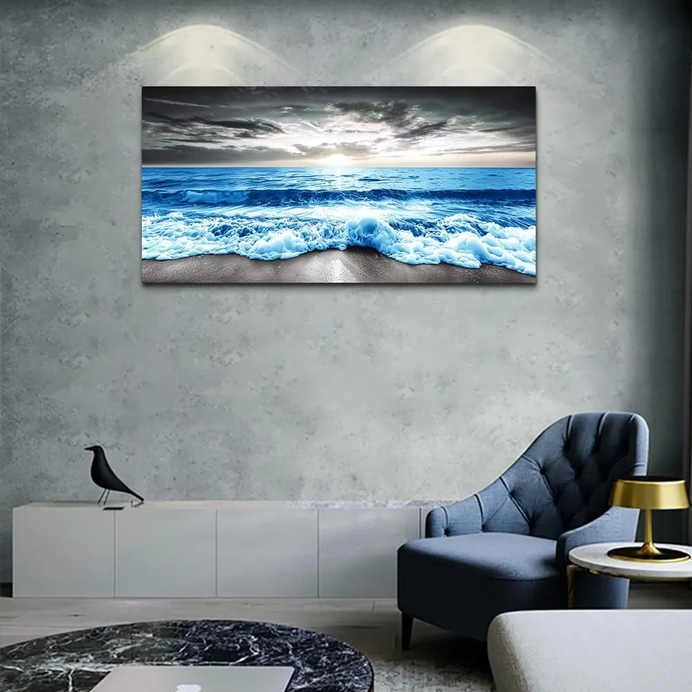MHARTK66 Large Wall Decor For Office Wall Art For Living Room Modern Bedroom Wall Decor Blue Beach Sun Ocean Landscape Canvas Prints Wall Paintings Seascape Framed Pictures Artwork Home Decor 48x24