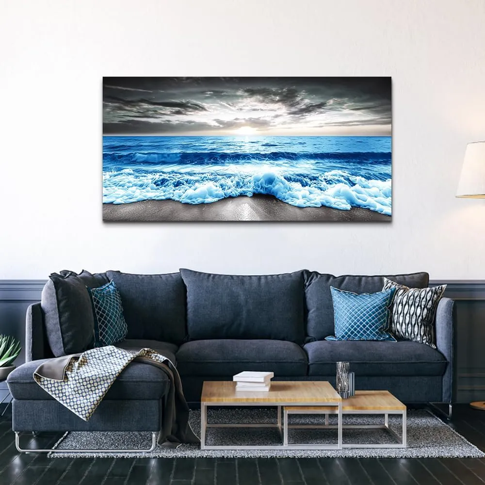 MHARTK66 Large Wall Decor For Office Wall Art For Living Room Modern Bedroom Wall Decor Blue Beach Sun Ocean Landscape Canvas Prints Wall Paintings Seascape Framed Pictures Artwork Home Decor 48x24