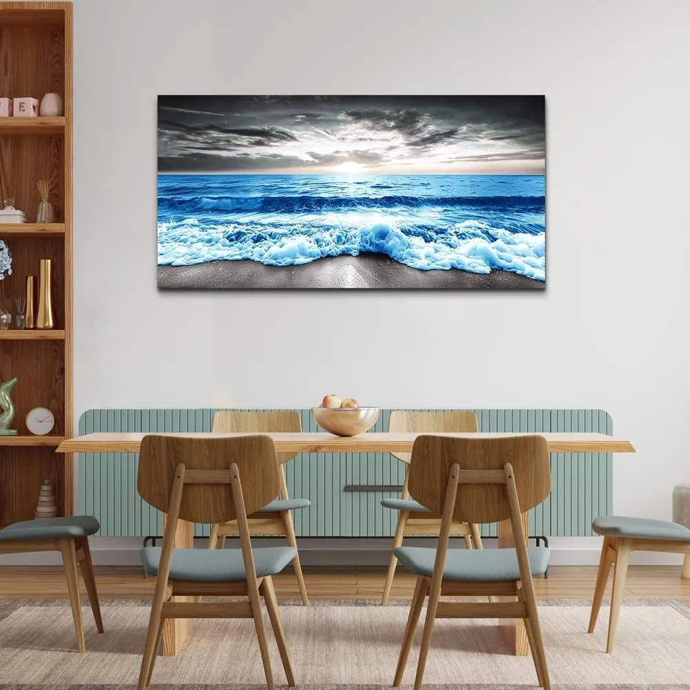 MHARTK66 Large Wall Decor For Office Wall Art For Living Room Modern Bedroom Wall Decor Blue Beach Sun Ocean Landscape Canvas Prints Wall Paintings Seascape Framed Pictures Artwork Home Decor 48x24