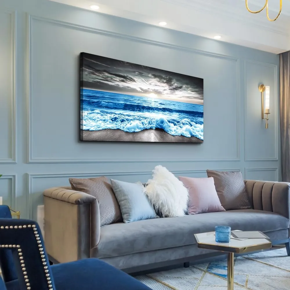MHARTK66 Large Wall Decor For Office Wall Art For Living Room Modern Bedroom Wall Decor Blue Beach Sun Ocean Landscape Canvas Prints Wall Paintings Seascape Framed Pictures Artwork Home Decor 48x24