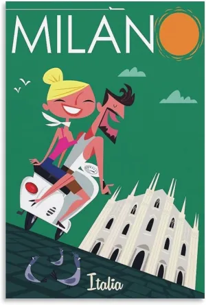Milan Italy Skyline Vintage Travel Poster Print Canvas Wall Art for Bedroom Living Room HD Print Posters 24x36inch(60x90cm)
