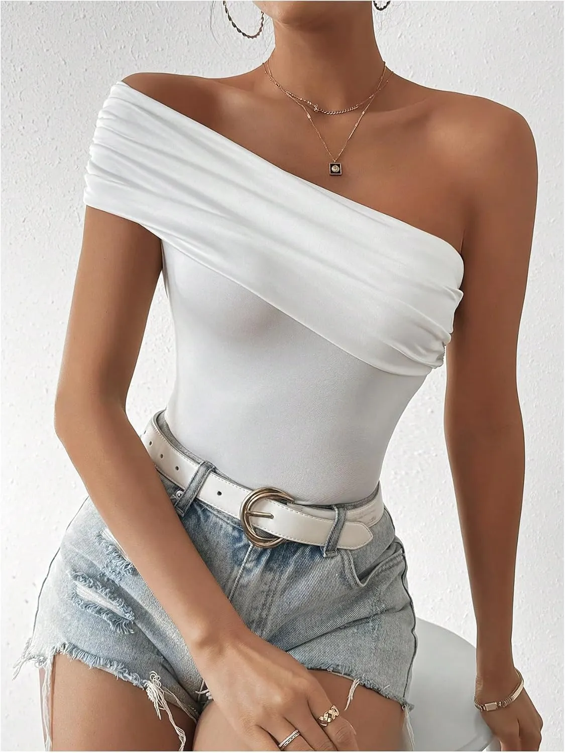 Milumia Women's Ruched One Shoulder Tank Top Asymmetrical Neck Short Sleeve Tee Tops