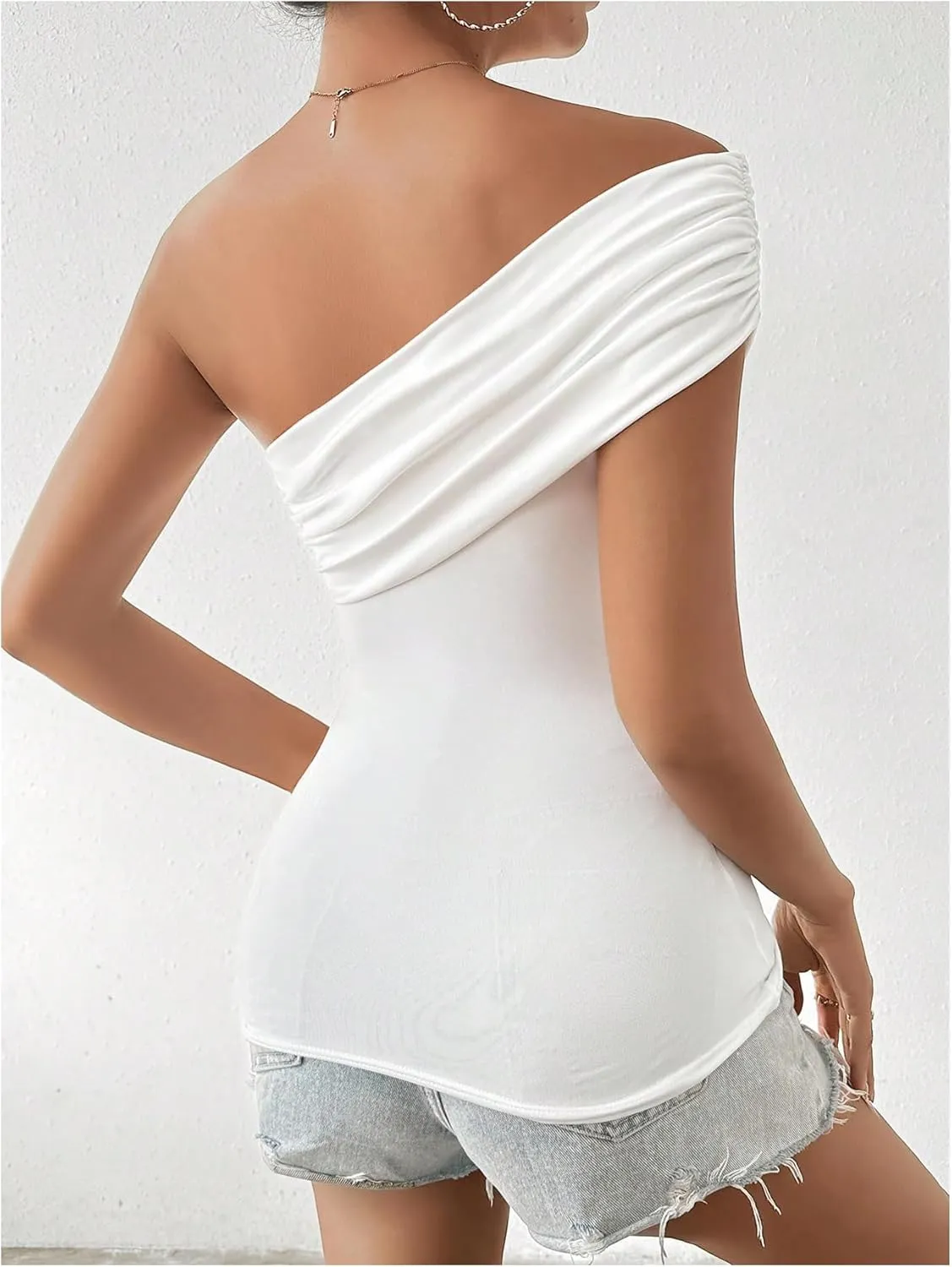 Milumia Women's Ruched One Shoulder Tank Top Asymmetrical Neck Short Sleeve Tee Tops