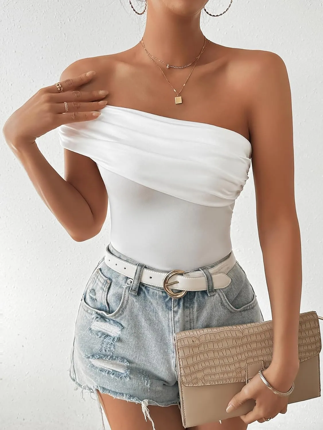 Milumia Women's Ruched One Shoulder Tank Top Asymmetrical Neck Short Sleeve Tee Tops
