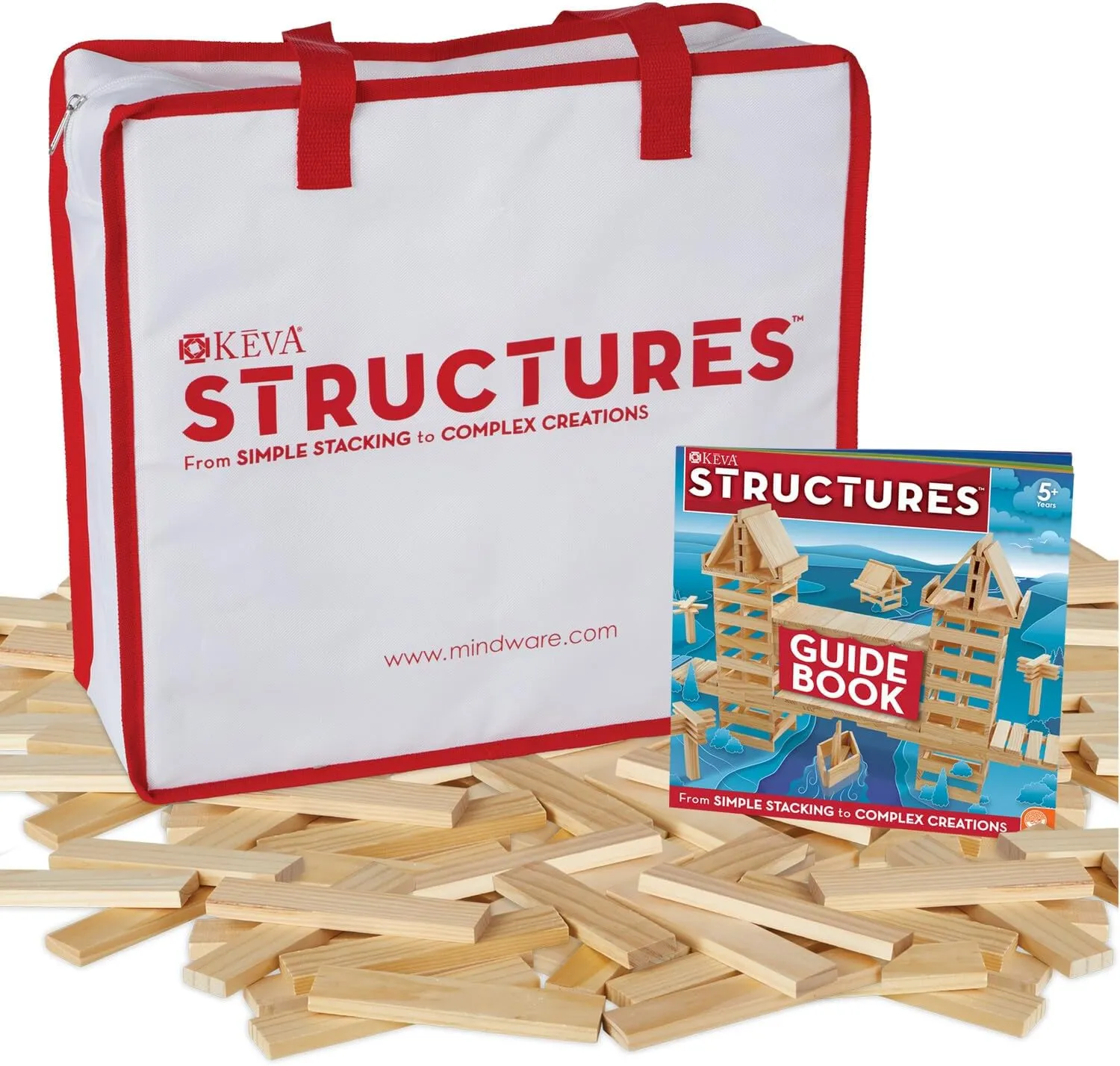 MindWare KEVA Structures 400 Plank Wooden Building Blocks Set - Includes 400 Pine KEVA Planks, Canvas Storage Bag and Full-Color Idea Book