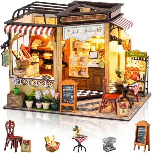 Miniature House Model for Adults to Build, Wooden Doll House with LED for Adults to Build, Unique Gifts for Birthdays, Christmas (Bakery)