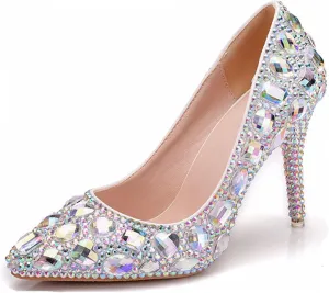 Minishion Rhinestone Wedding Shoes for Women Slip on Party Evening Pumps