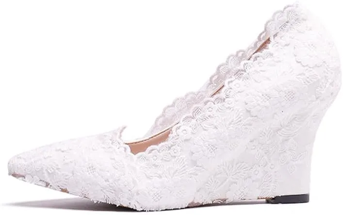 Minishion Womens Dress Wedge Shoes for Wedding Bridal Pumps with Lace Flower