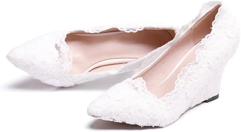 Minishion Womens Dress Wedge Shoes for Wedding Bridal Pumps with Lace Flower