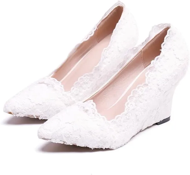 Minishion Womens Dress Wedge Shoes for Wedding Bridal Pumps with Lace Flower