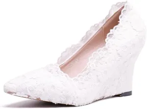 Minishion Womens Dress Wedge Shoes for Wedding Bridal Pumps with Lace Flower