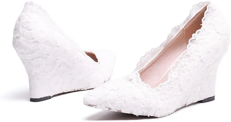 Minishion Womens Dress Wedge Shoes for Wedding Bridal Pumps with Lace Flower