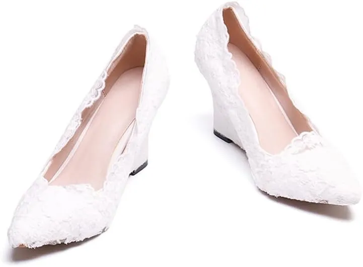 Minishion Womens Dress Wedge Shoes for Wedding Bridal Pumps with Lace Flower