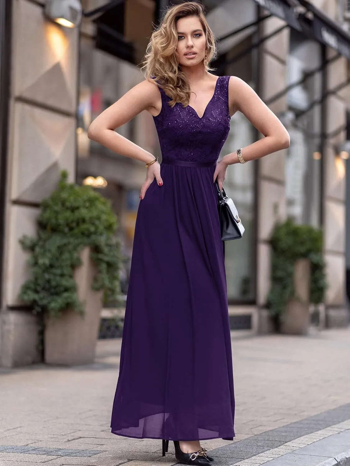 Miusol Women's Classy Deep V Neck Formal Evening Party Maxi Dress