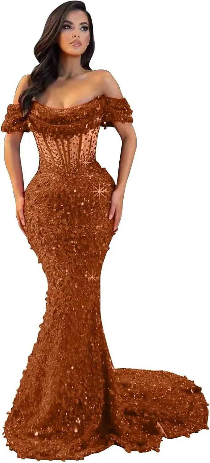 MiwiNovia Sequin Mermaid Prom Dresses for Women 2025 Sparkly Off Shoulder Formal Evening Dress with Train P1050