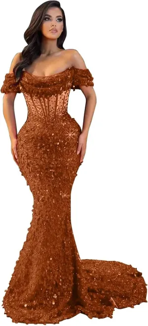 MiwiNovia Sequin Mermaid Prom Dresses for Women 2025 Sparkly Off Shoulder Formal Evening Dress with Train P1050