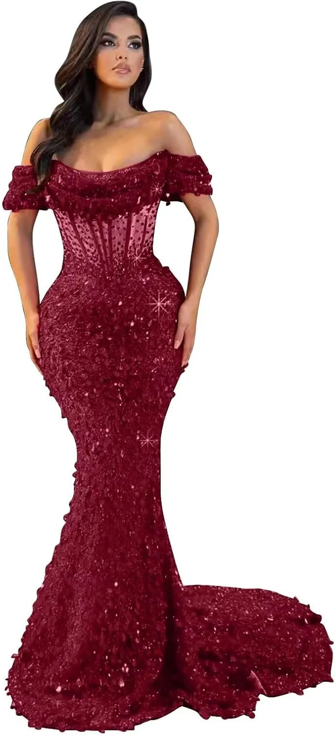 MiwiNovia Sequin Mermaid Prom Dresses for Women 2025 Sparkly Off Shoulder Formal Evening Dress with Train P1050