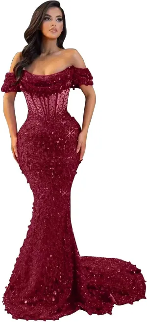 MiwiNovia Sequin Mermaid Prom Dresses for Women 2025 Sparkly Off Shoulder Formal Evening Dress with Train P1050