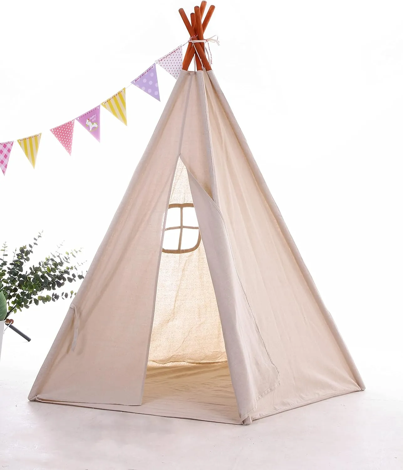 Miyaya Large Canvas Teepee Play Tent Indian Play Tent with Carry Case,5 Poles Design (Beige)