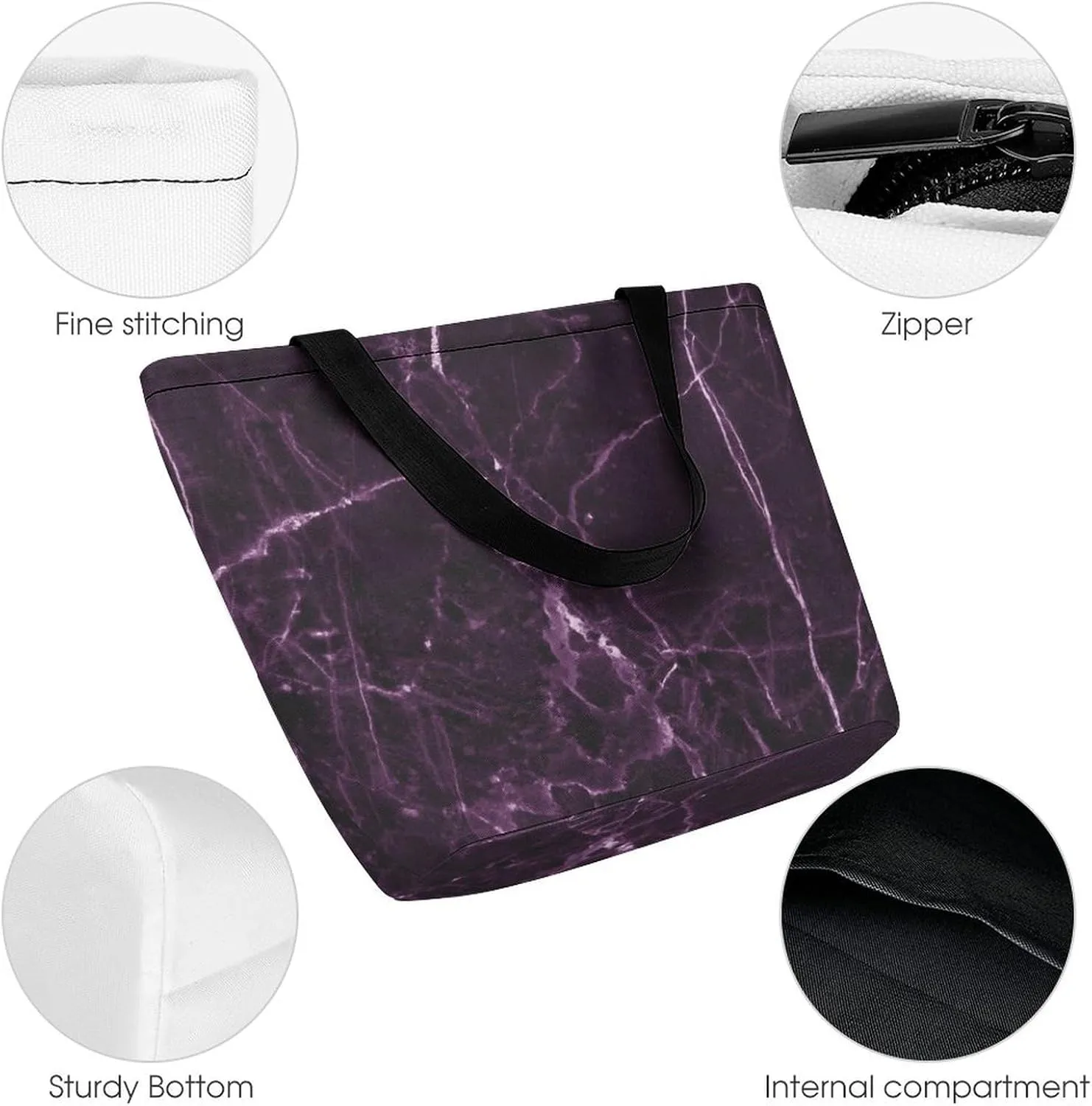 MoBlinko Dark Purple Marble Tote Bag for Women Reusable Handbags Shoulder Bags with Zipper for Yoga Grocery Gifts