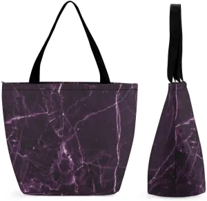 MoBlinko Dark Purple Marble Tote Bag for Women Reusable Handbags Shoulder Bags with Zipper for Yoga Grocery Gifts