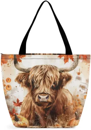 MoBlinko Fall Highland Cattle Women Tote Bags Yoga Reusable Grocery Bagsshoulder Bag Handbag with Zipper