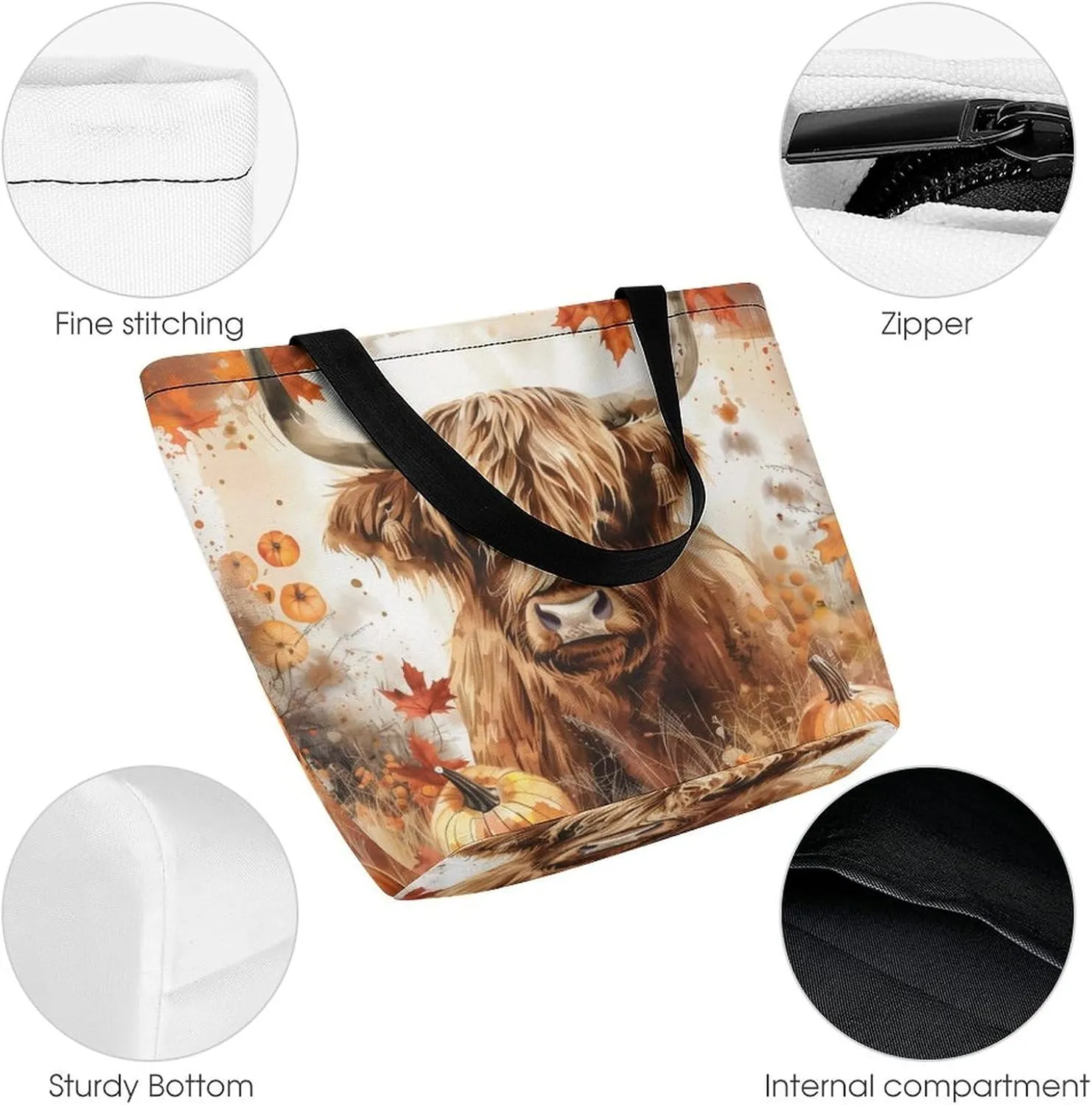 MoBlinko Fall Highland Cattle Women Tote Bags Yoga Reusable Grocery Bagsshoulder Bag Handbag with Zipper