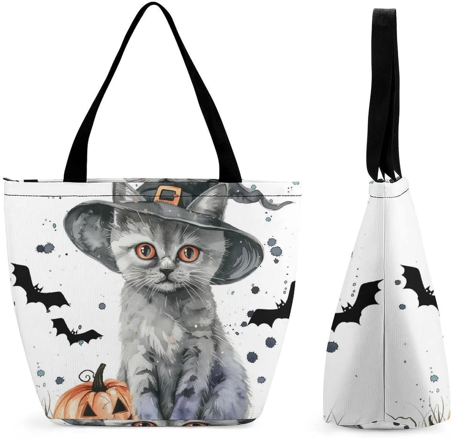 MoBlinko Halloween Cat Tote Bag for Women Reusable Shopping Bag Handbags Shoulder Bags with Zipper