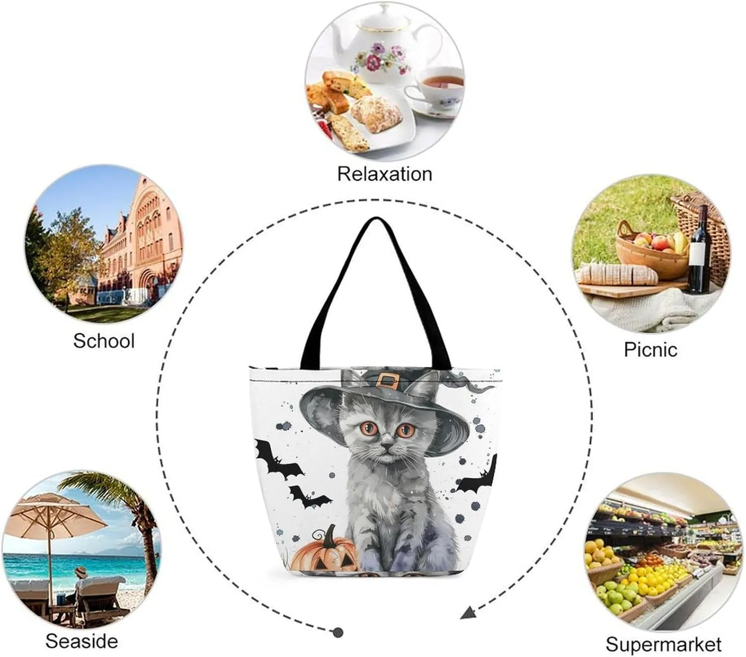 MoBlinko Halloween Cat Tote Bag for Women Reusable Shopping Bag Handbags Shoulder Bags with Zipper
