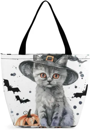 MoBlinko Halloween Cat Tote Bag for Women Reusable Shopping Bag Handbags Shoulder Bags with Zipper