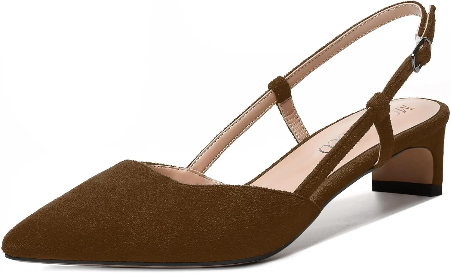 MODENCOCO Womens Buckle Dress Dating Fashion Suede Slingback Pointed Toe Chunky Low Heel Pumps Shoes 1.5 Inch