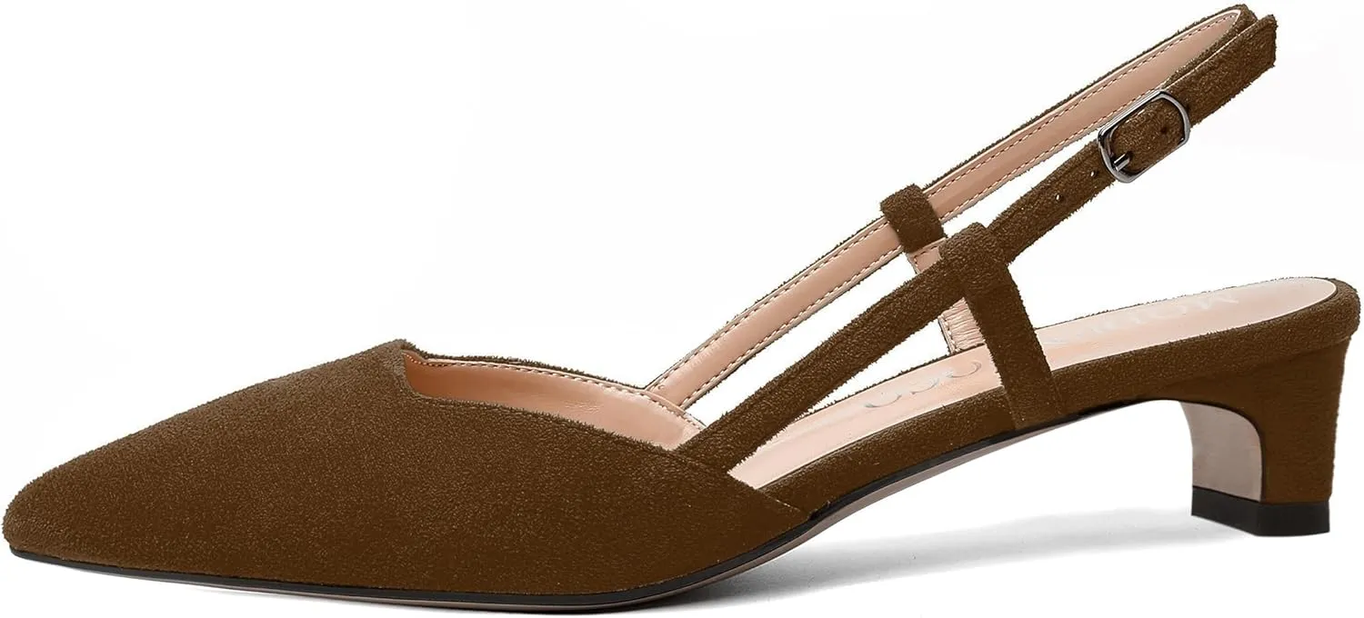 MODENCOCO Womens Buckle Dress Dating Fashion Suede Slingback Pointed Toe Chunky Low Heel Pumps Shoes 1.5 Inch