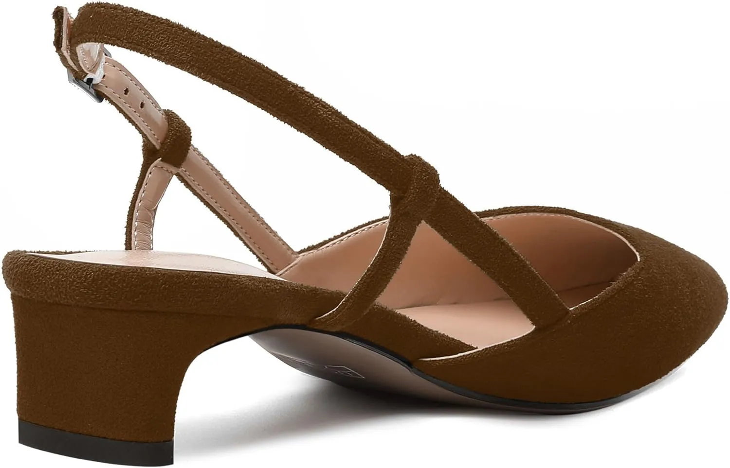 MODENCOCO Womens Buckle Dress Dating Fashion Suede Slingback Pointed Toe Chunky Low Heel Pumps Shoes 1.5 Inch