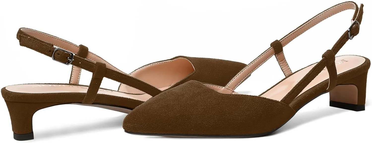 MODENCOCO Womens Buckle Dress Dating Fashion Suede Slingback Pointed Toe Chunky Low Heel Pumps Shoes 1.5 Inch
