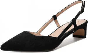 MODENCOCO Womens Buckle Dress Dating Fashion Suede Slingback Pointed Toe Chunky Low Heel Pumps Shoes 1.5 Inch