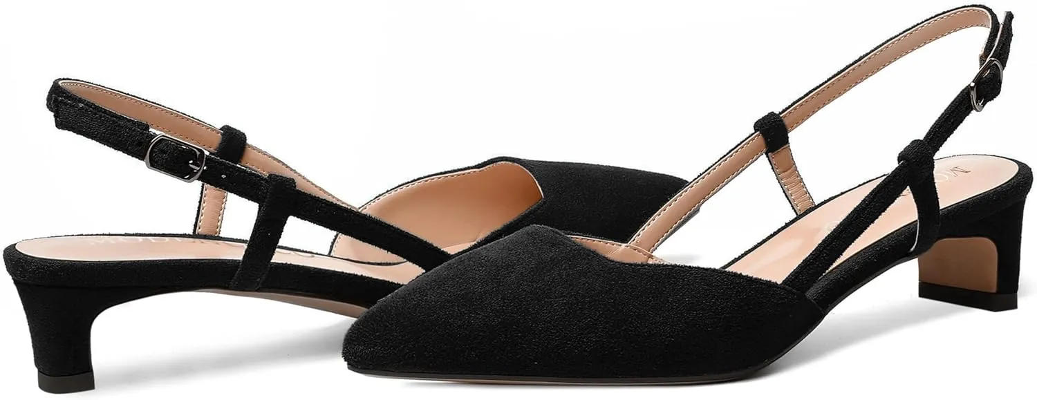 MODENCOCO Womens Buckle Dress Dating Fashion Suede Slingback Pointed Toe Chunky Low Heel Pumps Shoes 1.5 Inch