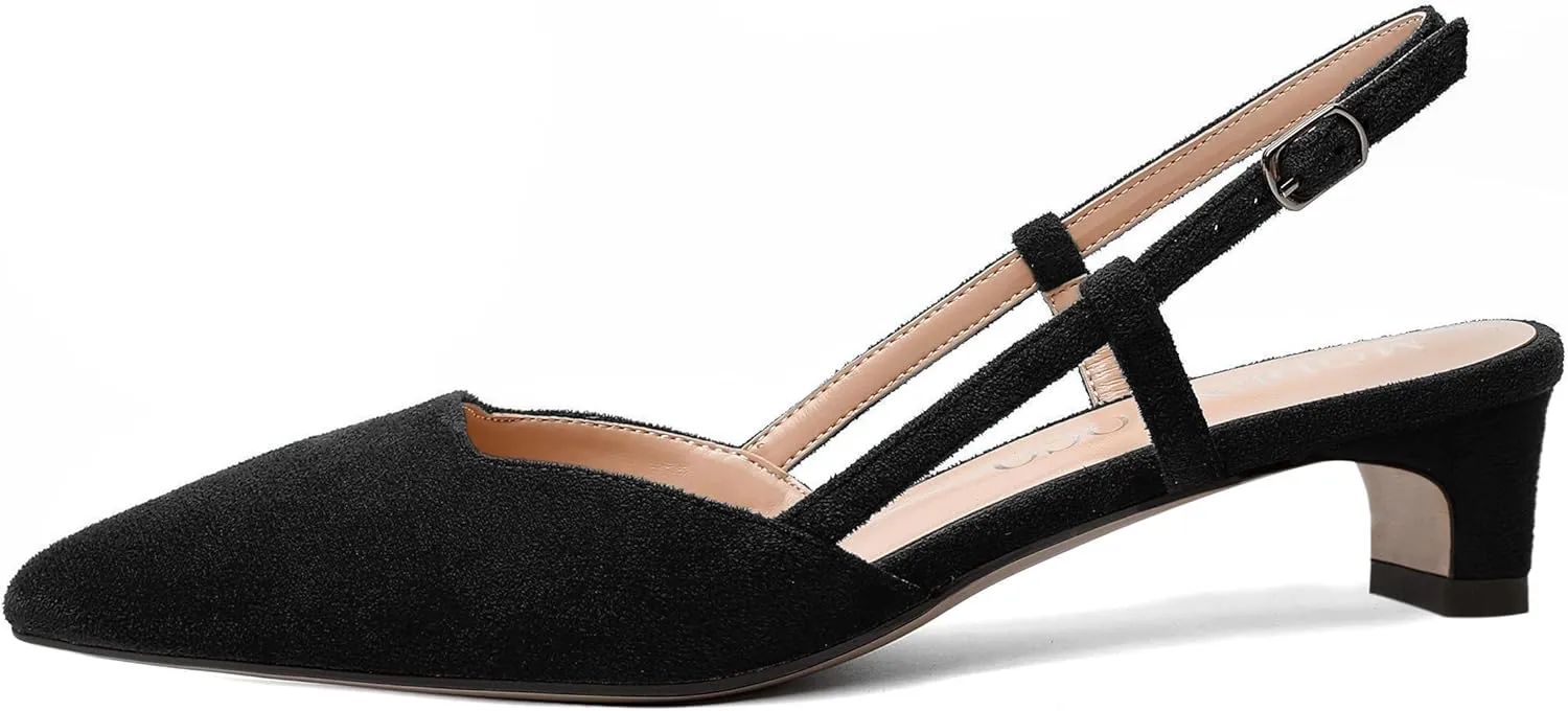 MODENCOCO Womens Buckle Dress Dating Fashion Suede Slingback Pointed Toe Chunky Low Heel Pumps Shoes 1.5 Inch
