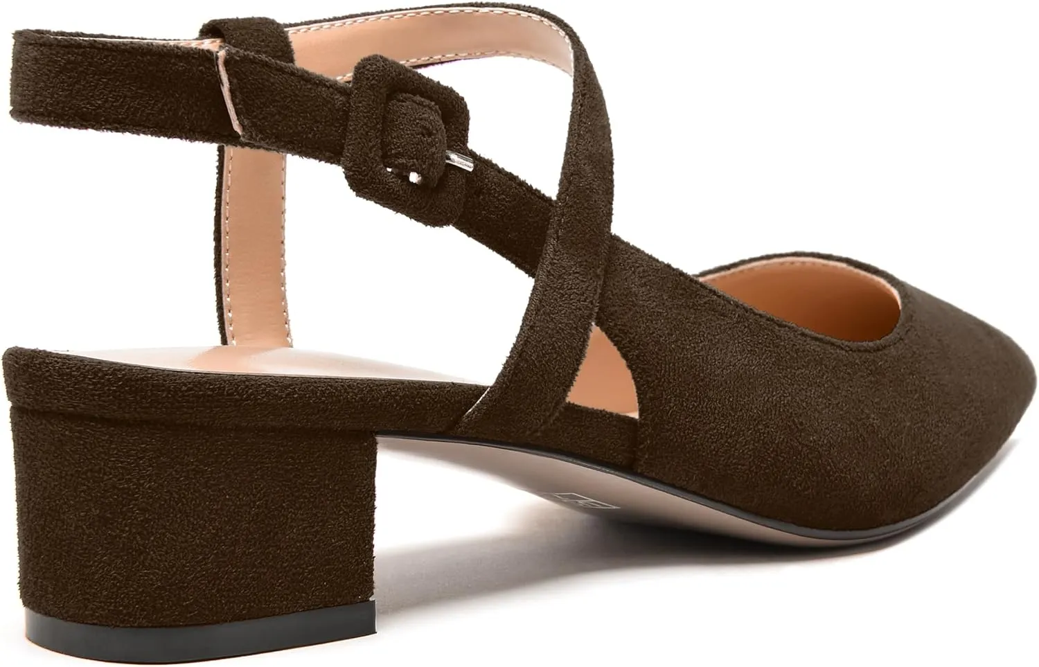 MODENCOCO Womens Comfortable Wedding Suede Pointed Toe Dress Ankle Strap Buckle Chunky Low Heel Pumps Shoes 1.5 Inch