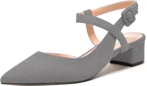 MODENCOCO Womens Comfortable Wedding Suede Pointed Toe Dress Ankle Strap Buckle Chunky Low Heel Pumps Shoes 1.5 Inch